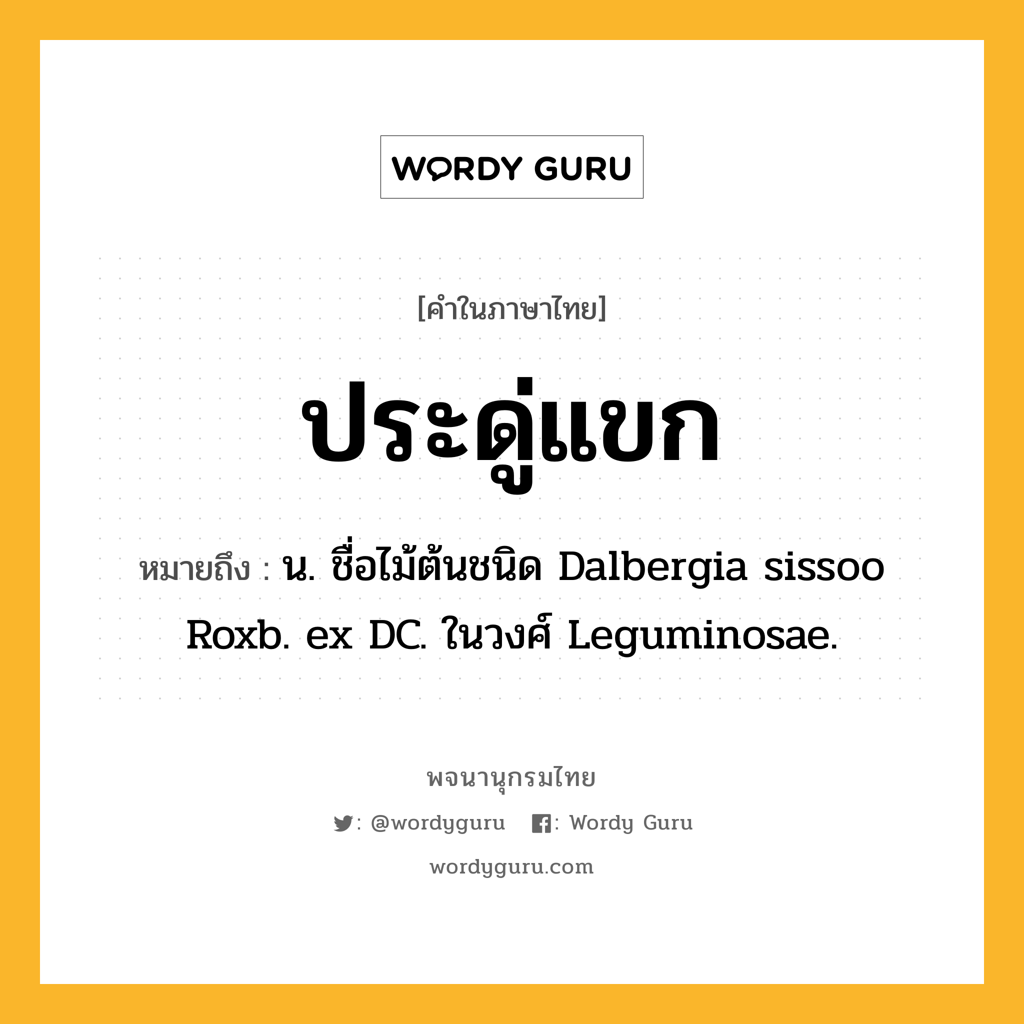 ประดู่แขก ความหมาย หมายถึงอะไร?, คำในภาษาไทย ประดู่แขก หมายถึง น. ชื่อไม้ต้นชนิด Dalbergia sissoo Roxb. ex DC. ในวงศ์ Leguminosae.