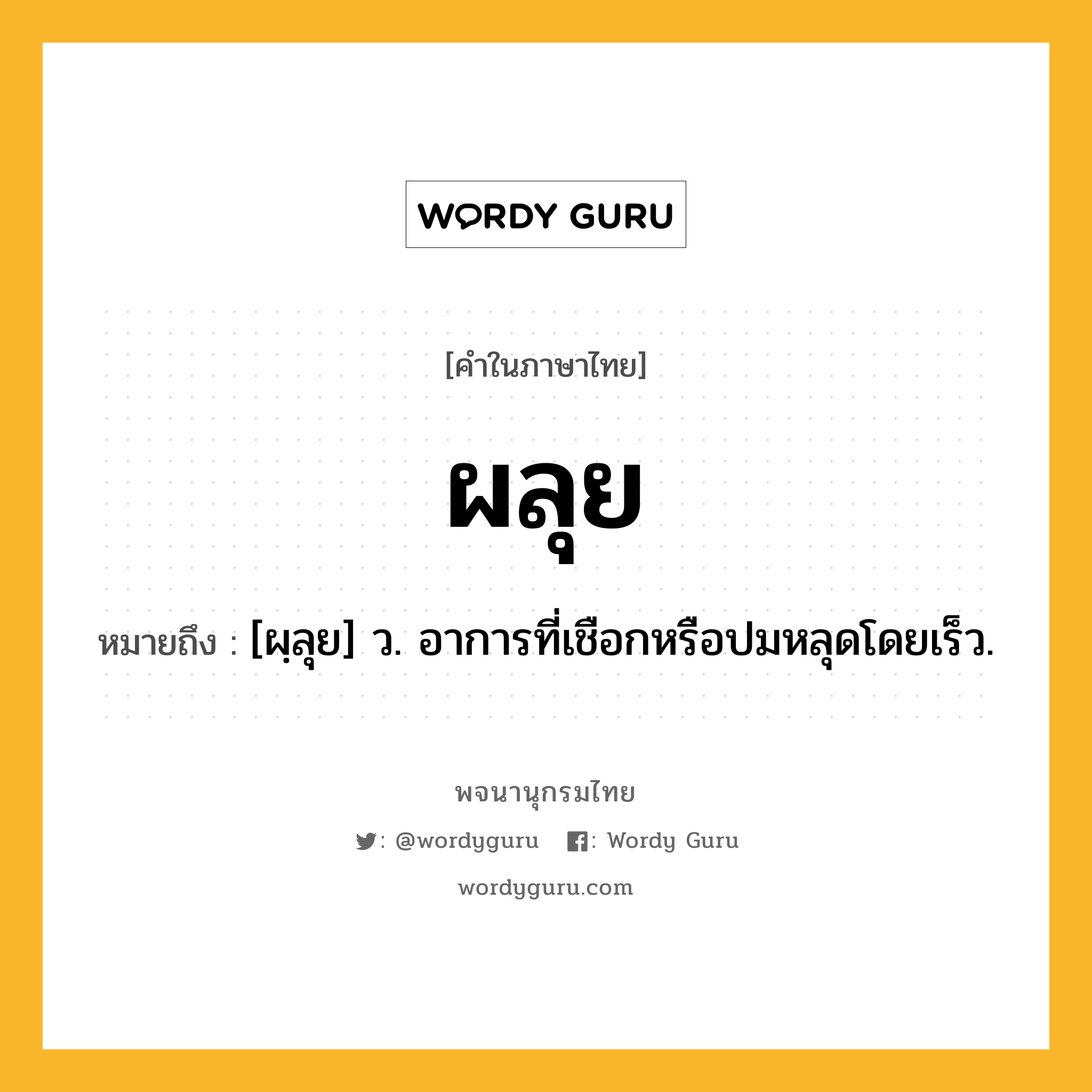 ผลุย ความหมาย หมายถึงอะไร?, คำในภาษาไทย ผลุย หมายถึง [ผฺลุย] ว. อาการที่เชือกหรือปมหลุดโดยเร็ว.
