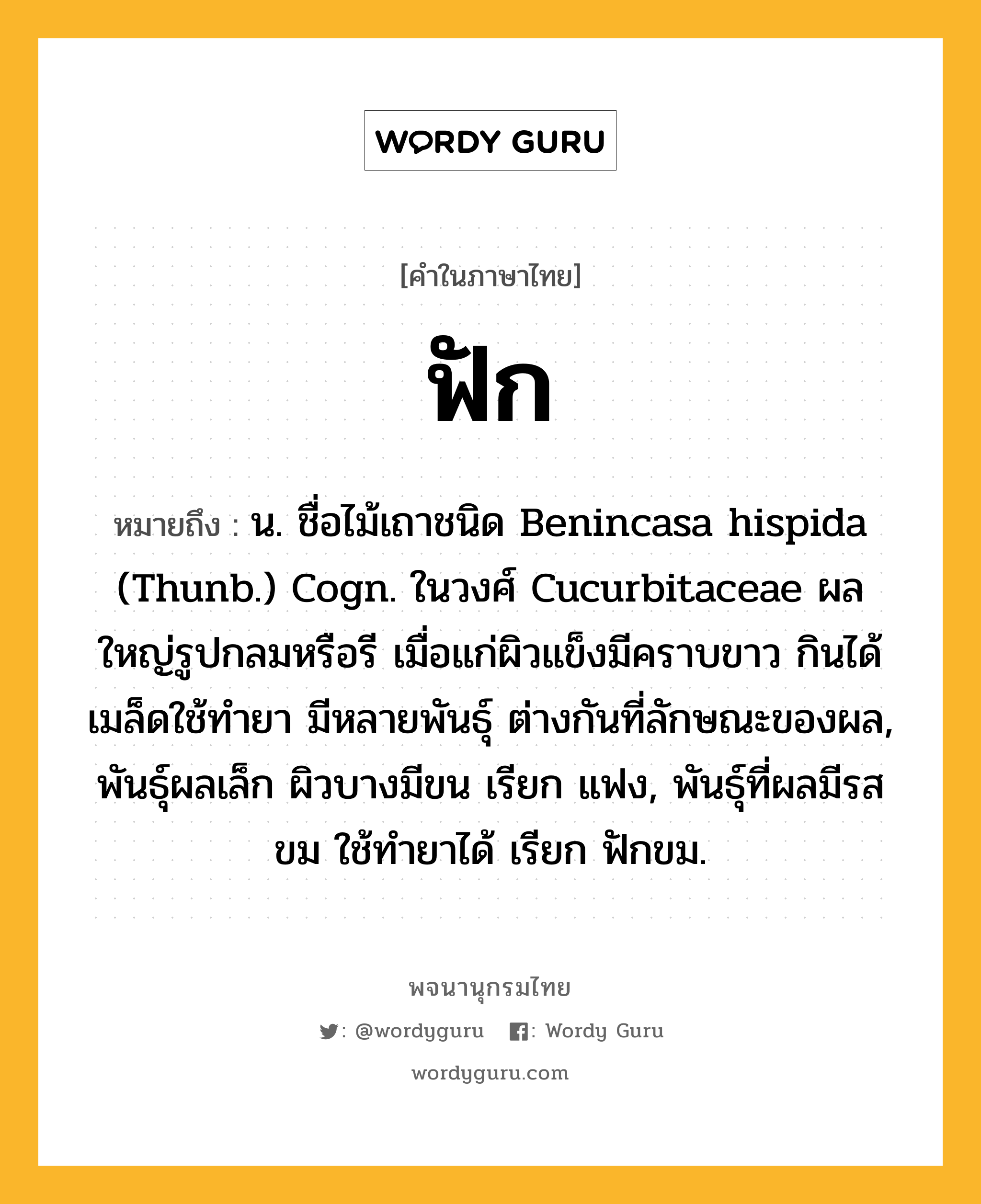ฟัก ความหมาย หมายถึงอะไร?, คำในภาษาไทย ฟัก หมายถึง น. ชื่อไม้เถาชนิด Benincasa hispida (Thunb.) Cogn. ในวงศ์ Cucurbitaceae ผลใหญ่รูปกลมหรือรี เมื่อแก่ผิวแข็งมีคราบขาว กินได้ เมล็ดใช้ทํายา มีหลายพันธุ์ ต่างกันที่ลักษณะของผล, พันธุ์ผลเล็ก ผิวบางมีขน เรียก แฟง, พันธุ์ที่ผลมีรสขม ใช้ทํายาได้ เรียก ฟักขม.