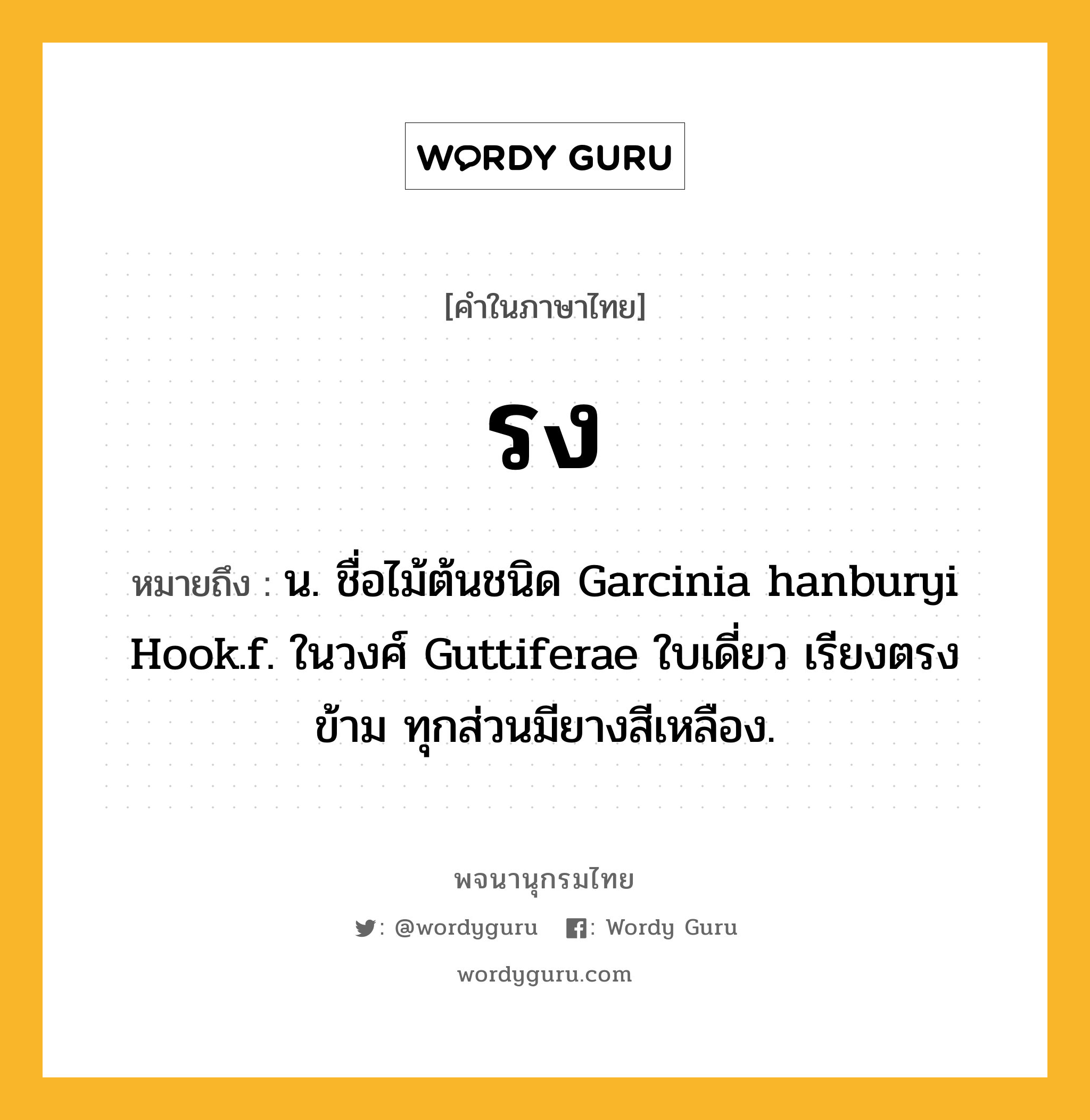 รง ความหมาย หมายถึงอะไร?, คำในภาษาไทย รง หมายถึง น. ชื่อไม้ต้นชนิด Garcinia hanburyi Hook.f. ในวงศ์ Guttiferae ใบเดี่ยว เรียงตรงข้าม ทุกส่วนมียางสีเหลือง.