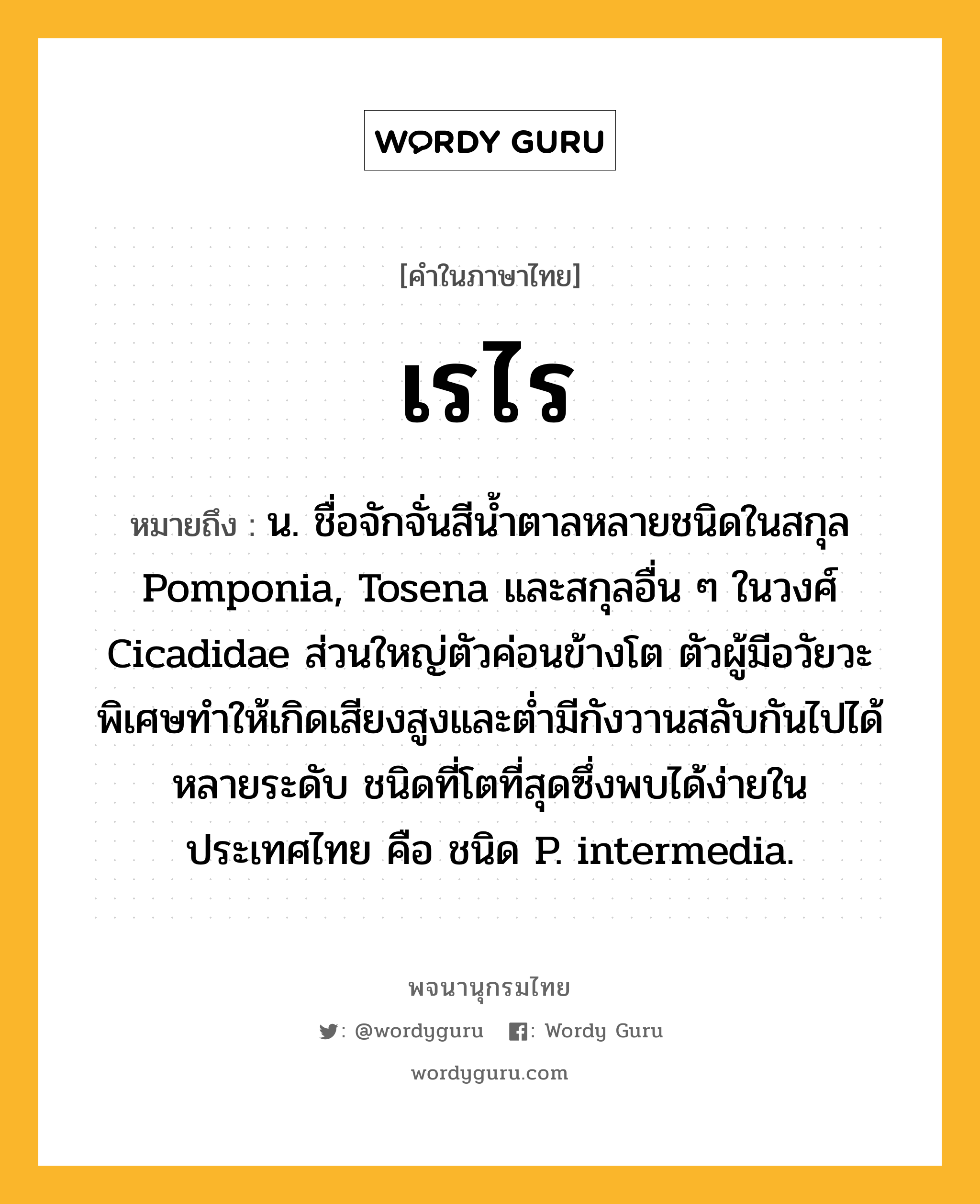 เรไร หมายถึงอะไร?, คำในภาษาไทย เรไร หมายถึง น. ชื่อจักจั่นสีนํ้าตาลหลายชนิดในสกุล Pomponia, Tosena และสกุลอื่น ๆ ในวงศ์ Cicadidae ส่วนใหญ่ตัวค่อนข้างโต ตัวผู้มีอวัยวะพิเศษทําให้เกิดเสียงสูงและตํ่ามีกังวานสลับกันไปได้หลายระดับ ชนิดที่โตที่สุดซึ่งพบได้ง่ายในประเทศไทย คือ ชนิด P. intermedia.