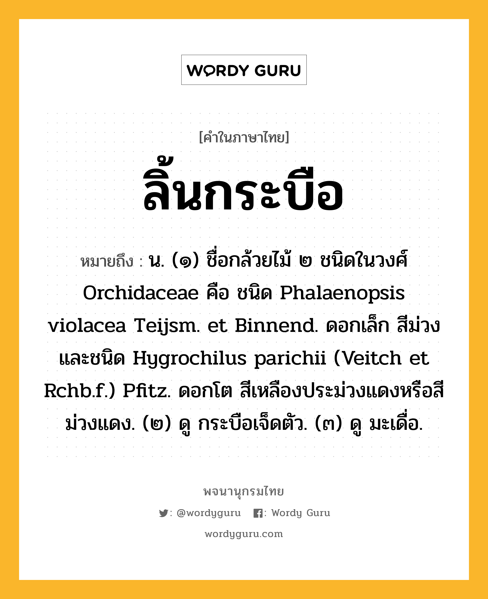ลิ้นกระบือ ความหมาย หมายถึงอะไร?, คำในภาษาไทย ลิ้นกระบือ หมายถึง น. (๑) ชื่อกล้วยไม้ ๒ ชนิดในวงศ์ Orchidaceae คือ ชนิด Phalaenopsis violacea Teijsm. et Binnend. ดอกเล็ก สีม่วง และชนิด Hygrochilus parichii (Veitch et Rchb.f.) Pfitz. ดอกโต สีเหลืองประม่วงแดงหรือสีม่วงแดง. (๒) ดู กระบือเจ็ดตัว. (๓) ดู มะเดื่อ.
