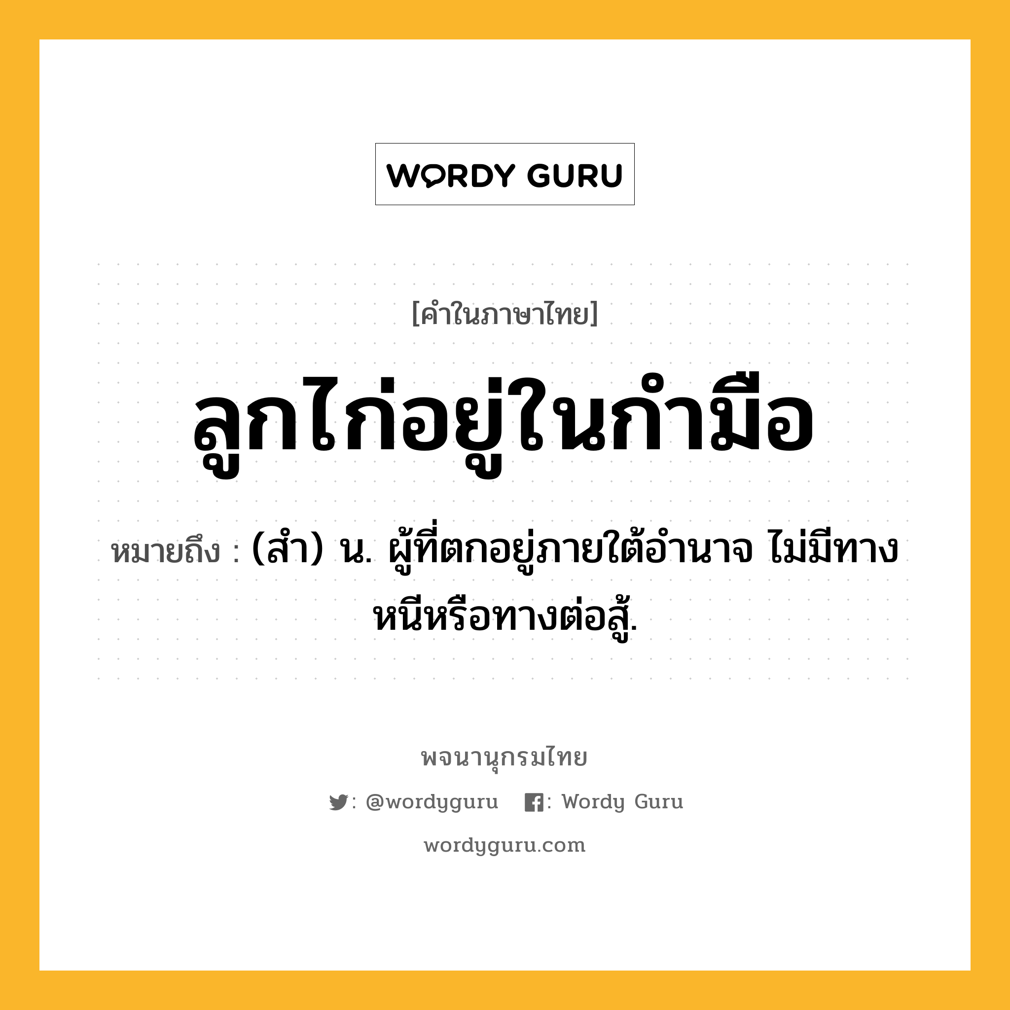 ลูกไก่อยู่ในกำมือ ความหมาย หมายถึงอะไร?, คำในภาษาไทย ลูกไก่อยู่ในกำมือ หมายถึง (สํา) น. ผู้ที่ตกอยู่ภายใต้อำนาจ ไม่มีทางหนีหรือทางต่อสู้.