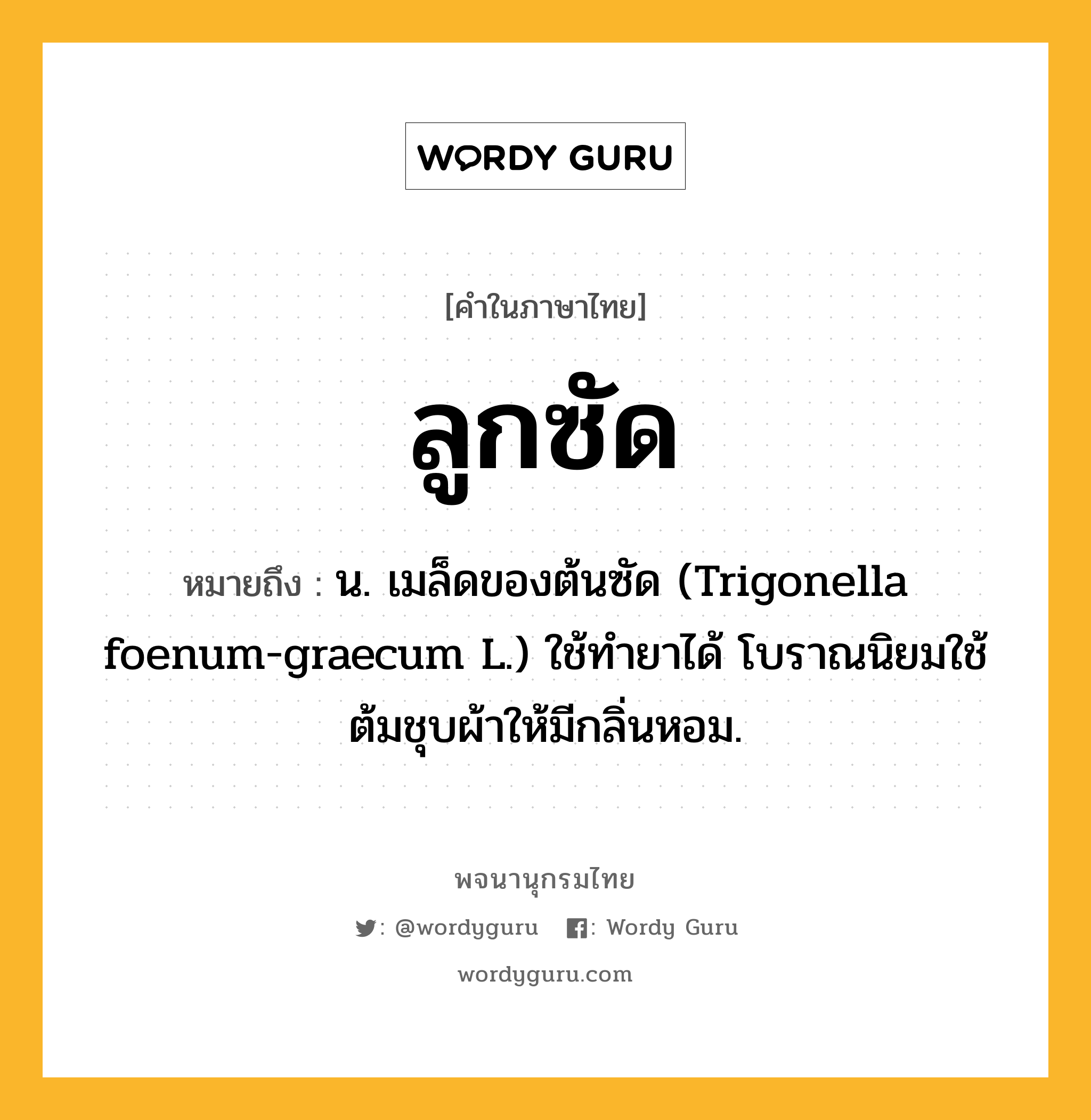 ลูกซัด หมายถึงอะไร?, คำในภาษาไทย ลูกซัด หมายถึง น. เมล็ดของต้นซัด (Trigonella foenum-graecum L.) ใช้ทำยาได้ โบราณนิยมใช้ต้มชุบผ้าให้มีกลิ่นหอม.