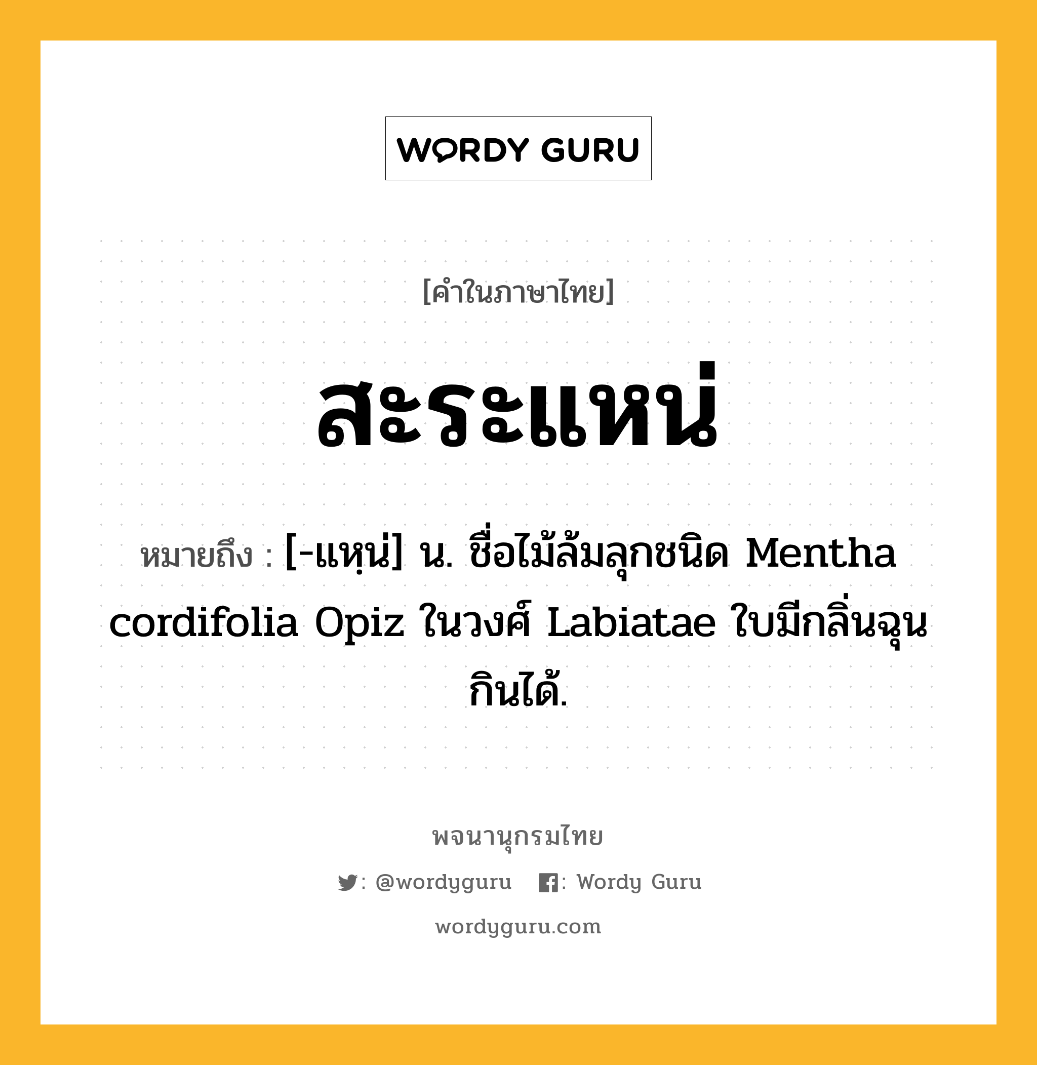 สะระแหน่ หมายถึงอะไร?, คำในภาษาไทย สะระแหน่ หมายถึง [-แหฺน่] น. ชื่อไม้ล้มลุกชนิด Mentha cordifolia Opiz ในวงศ์ Labiatae ใบมีกลิ่นฉุน กินได้.