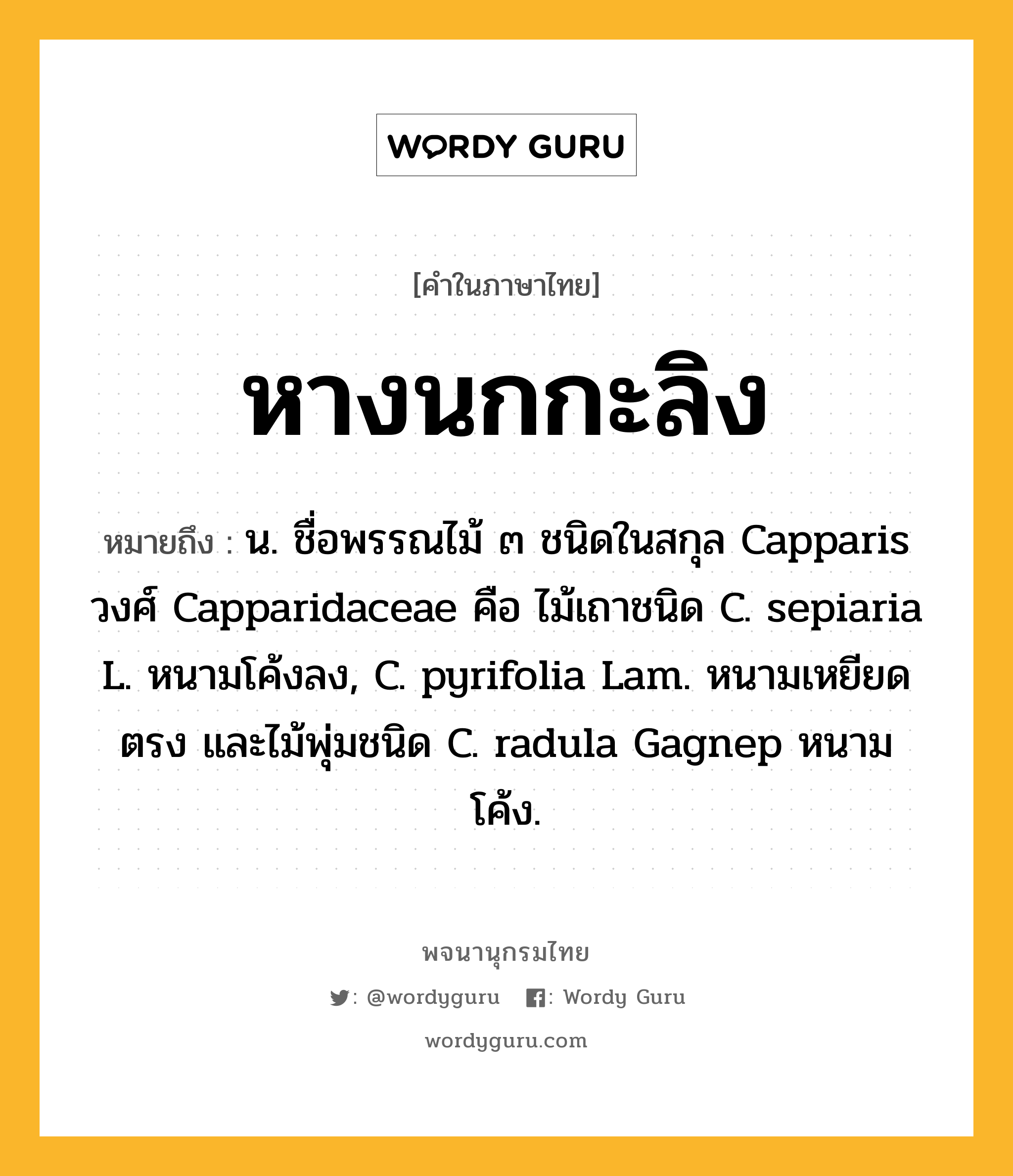 หางนกกะลิง หมายถึงอะไร?, คำในภาษาไทย หางนกกะลิง หมายถึง น. ชื่อพรรณไม้ ๓ ชนิดในสกุล Capparis วงศ์ Capparidaceae คือ ไม้เถาชนิด C. sepiaria L. หนามโค้งลง, C. pyrifolia Lam. หนามเหยียดตรง และไม้พุ่มชนิด C. radula Gagnep หนามโค้ง.