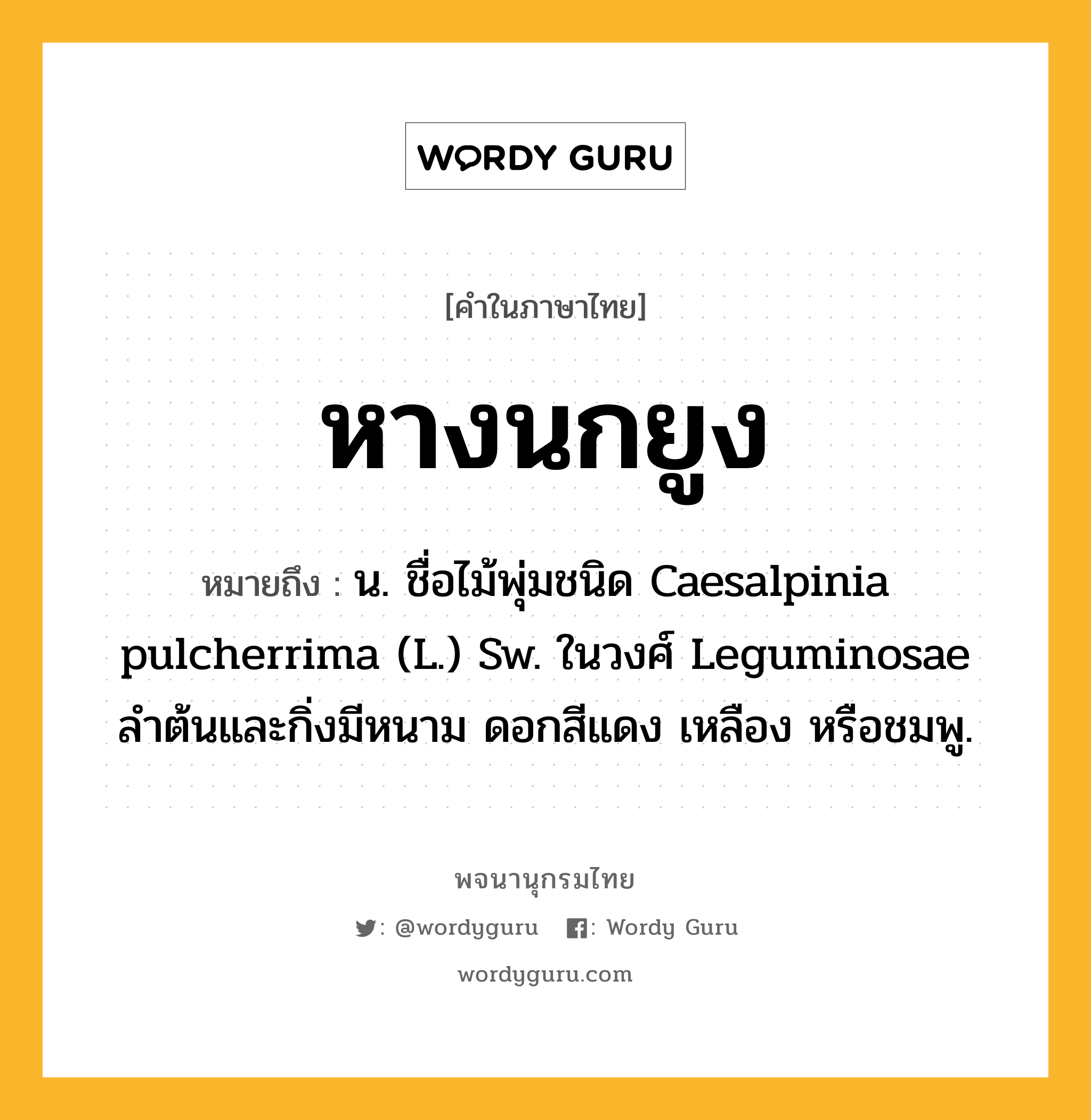 หางนกยูง หมายถึงอะไร?, คำในภาษาไทย หางนกยูง หมายถึง น. ชื่อไม้พุ่มชนิด Caesalpinia pulcherrima (L.) Sw. ในวงศ์ Leguminosae ลําต้นและกิ่งมีหนาม ดอกสีแดง เหลือง หรือชมพู.