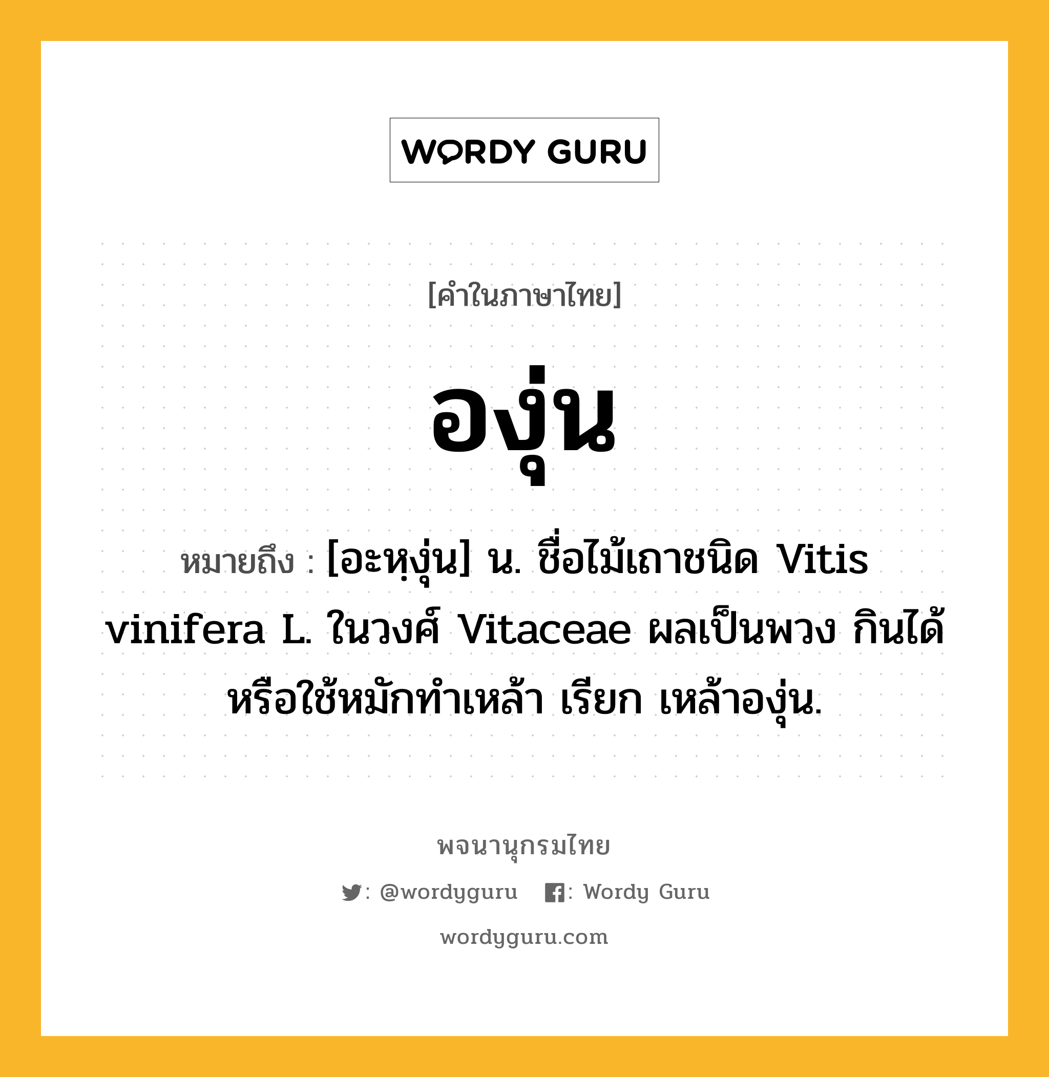 องุ่น ความหมาย หมายถึงอะไร?, คำในภาษาไทย องุ่น หมายถึง [อะหฺงุ่น] น. ชื่อไม้เถาชนิด Vitis vinifera L. ในวงศ์ Vitaceae ผลเป็นพวง กินได้หรือใช้หมักทําเหล้า เรียก เหล้าองุ่น.