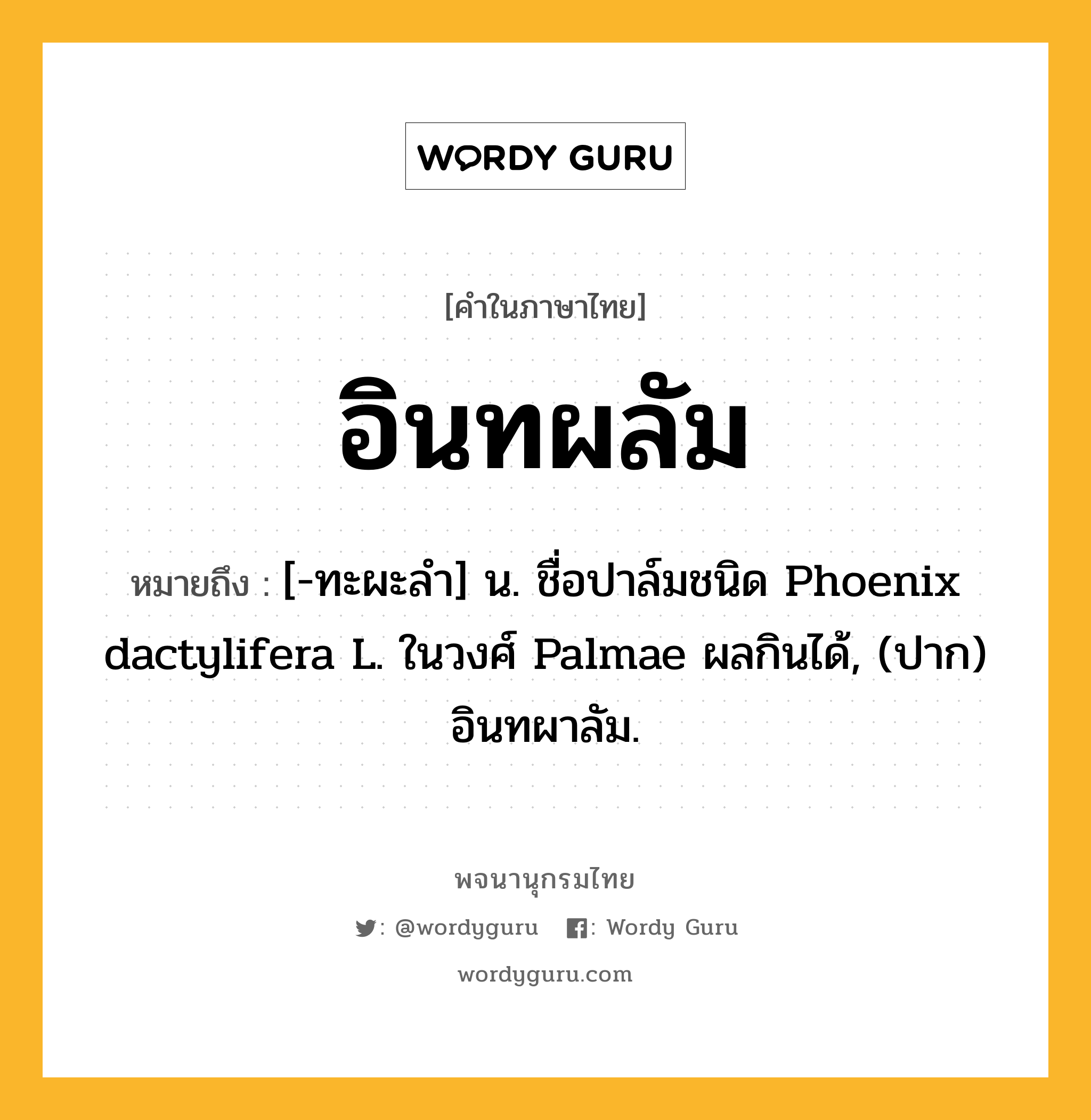 อินทผลัม ความหมาย หมายถึงอะไร?, คำในภาษาไทย อินทผลัม หมายถึง [-ทะผะลํา] น. ชื่อปาล์มชนิด Phoenix dactylifera L. ในวงศ์ Palmae ผลกินได้, (ปาก) อินทผาลัม.