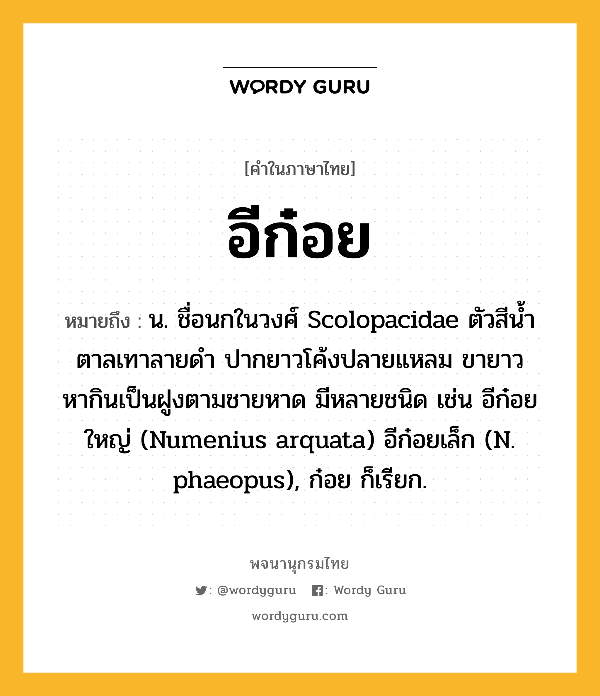อีก๋อย หมายถึงอะไร?, คำในภาษาไทย อีก๋อย หมายถึง น. ชื่อนกในวงศ์ Scolopacidae ตัวสีนํ้าตาลเทาลายดํา ปากยาวโค้งปลายแหลม ขายาว หากินเป็นฝูงตามชายหาด มีหลายชนิด เช่น อีก๋อยใหญ่ (Numenius arquata) อีก๋อยเล็ก (N. phaeopus), ก๋อย ก็เรียก.